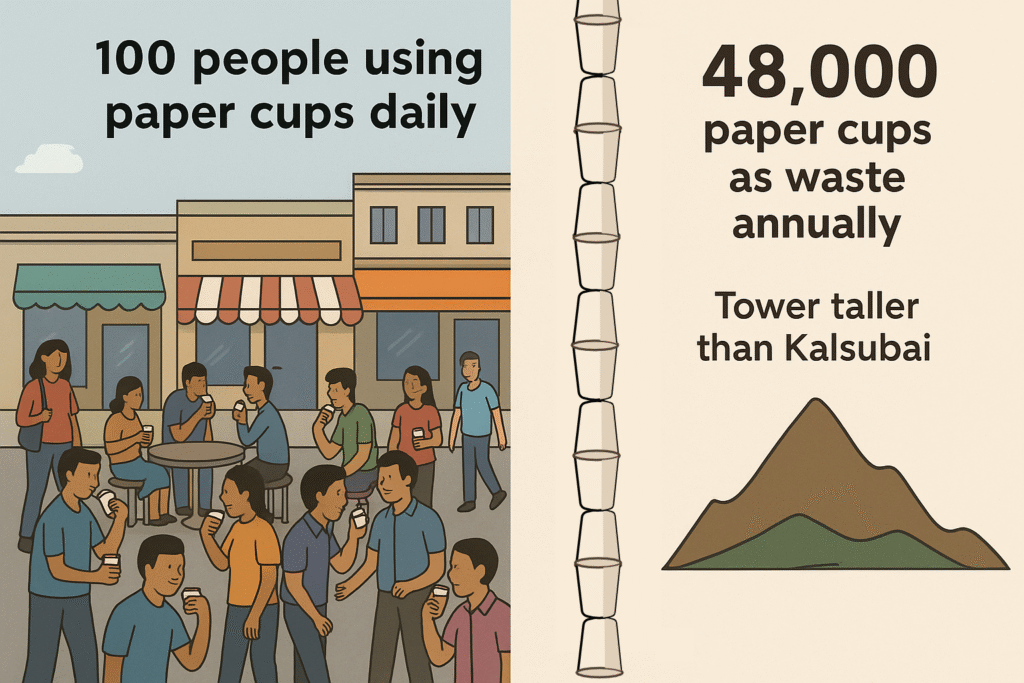 Shows impact of 100 people using paper cups daily for a year