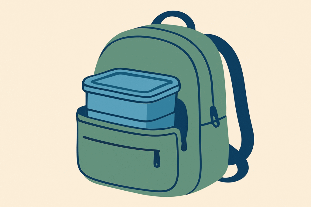 A school bag with a plastic tiffin in it