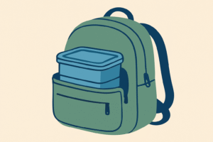 A school bag with a plastic tiffin in it